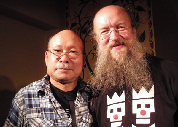 Akira Sakata and Sergey Letov. Tokyo. After the concert at at Otoya Kintoki. Photo by Ricao Dohi